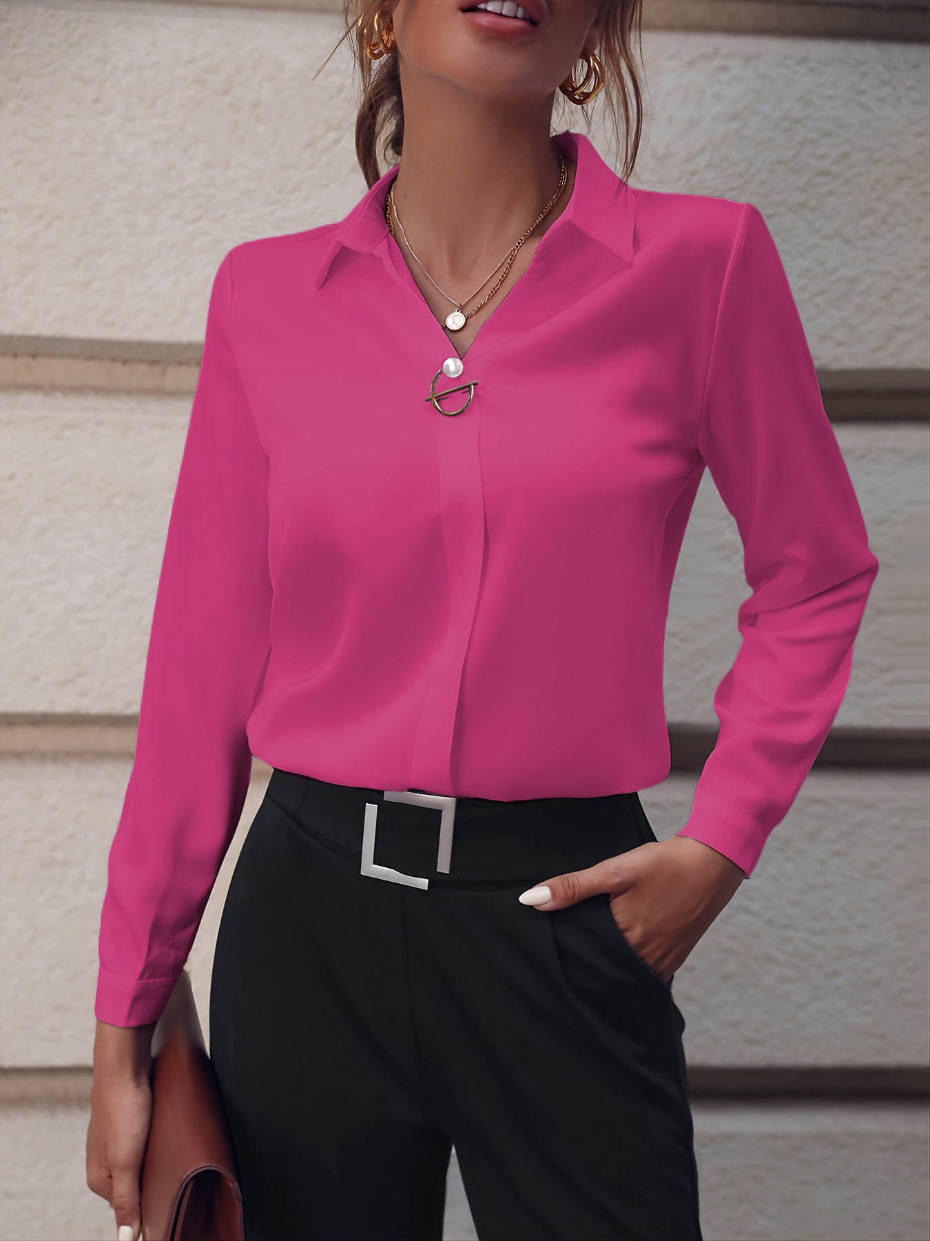 European and American commuter women's shirts are versatile and simple, Amazon solid color shirts, long sleeves, mid-length shirts