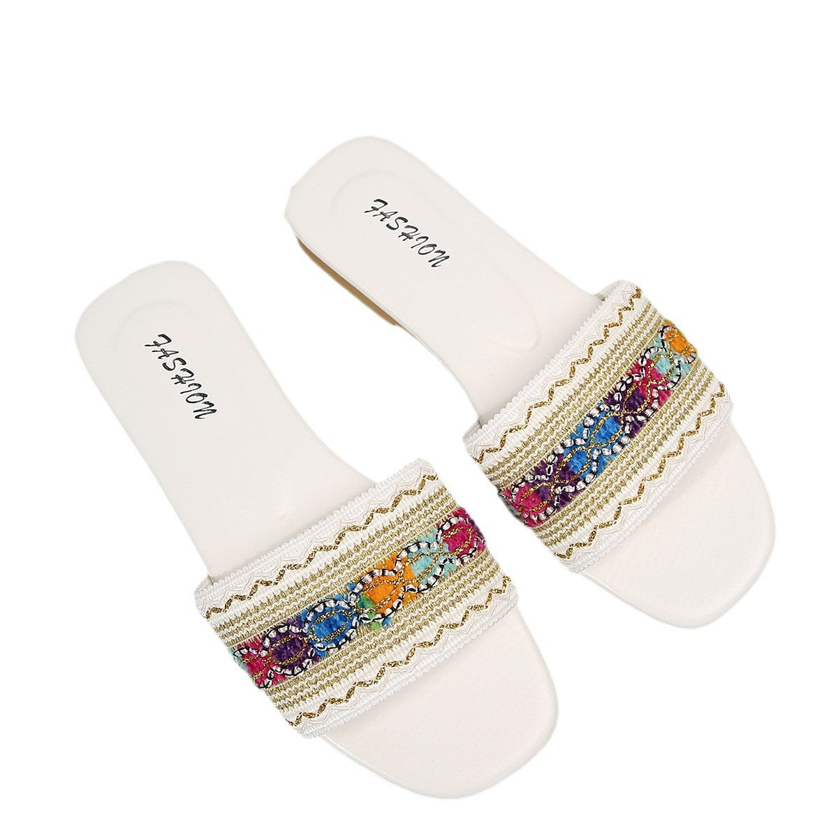 Boho style flat slippers women's outerwear with woven straps lightweight beach sandals wish non-slip versatility