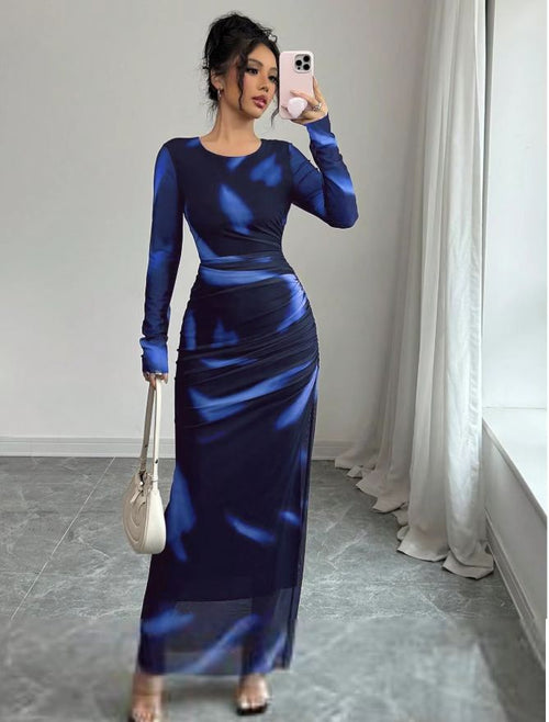 2025 Women's Elegant Gradient Mesh Shirring Tight Skirt Spring and Summer New Long Sleeve Mesh Skirt