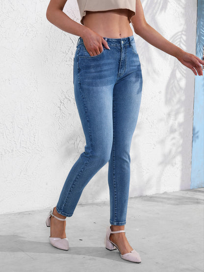 European and American cross-border women's jeans fashionable and versatile stretch pants simple slim slim blue denim trousers