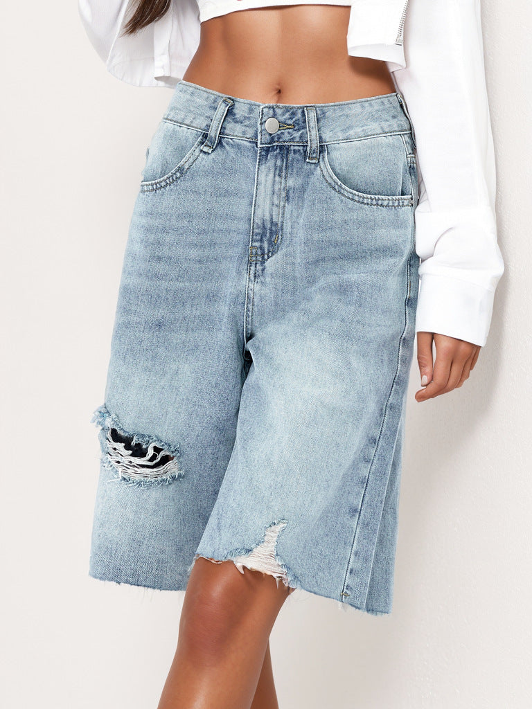 2025 cross-border summer American high-waisted retro worn jeans women's distressed loose raw edge cropped pants are cool