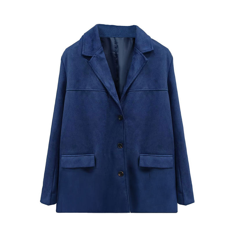 Primavera 2026: Novo Blazer Transfronteiriço em Camurça com Bolsos e Lapela com Botões, Estilo Europeu e Americano.