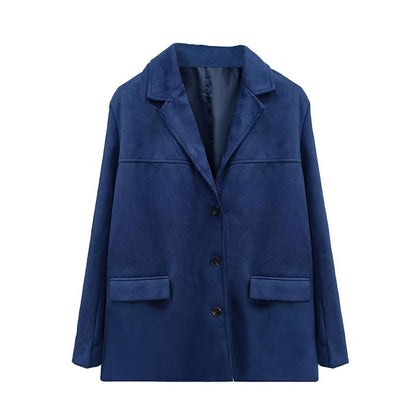 Primavera 2026: Novo Blazer Transfronteiriço em Camurça com Bolsos e Lapela com Botões, Estilo Europeu e Americano.