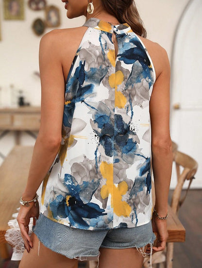 In stock Europe and the United States cross-border 2024 Amazon spring summer new flower print keyhole back collar shirt top women