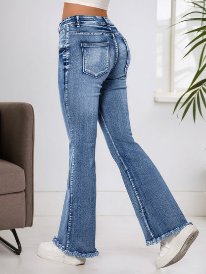 Cross-border, bootcut jeans women, elastic raw edge hip lifting high-waisted skinny wool horseshoe pants, double-breasted cotton