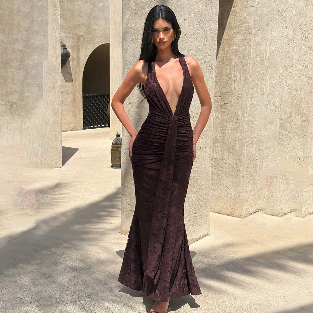 Foreign Trade Wholesale 2025 New Temperament Pleated Halterneck Dress Sexy Deep V-Neck Lace-up Hip Fishtail Long Skirt