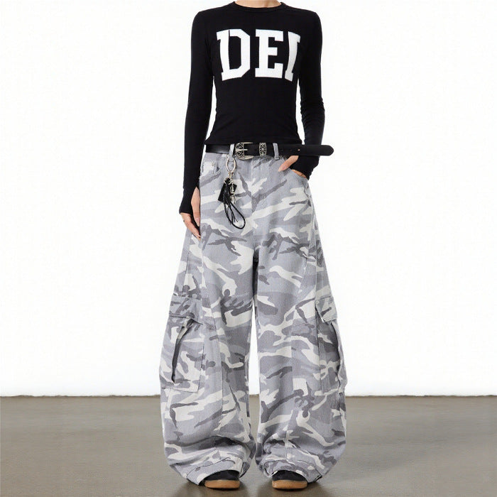 Neutral autumn and winter high street gray and white camouflage pants, plus size cargo pants, women's trendy brand loose and versatile straight wide-leg scimitar pants