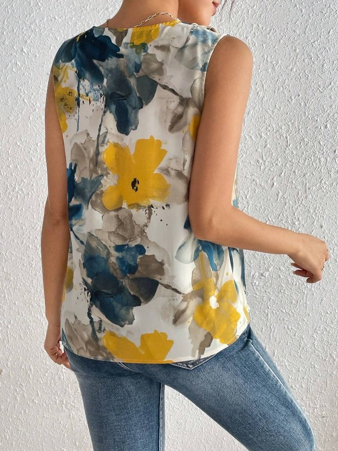 In stock European and American cross-border 2024 Amazon spring/summer new flower print V-neck sleeveless top
