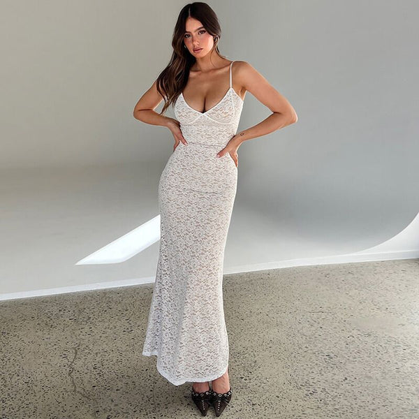 Foreign Trade European and Beauty Clothing 2023 Summer Transparent Long Skirt Slim Solid Color Sexy Sleeveless Suspender Lace Dress for Women