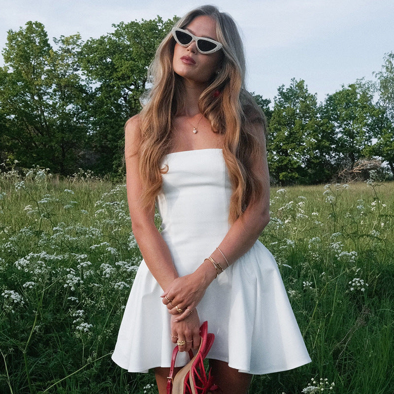 Cross-border 2025 summer new European and beautiful clothing solid color temperament elegant bandeau big skirt high-waisted pleated dress