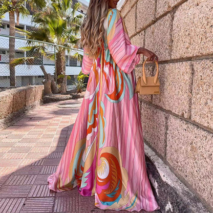 2026 foreign trade European and American wish spring new cross-border resort style V-neck slim print printed and dyed long dress