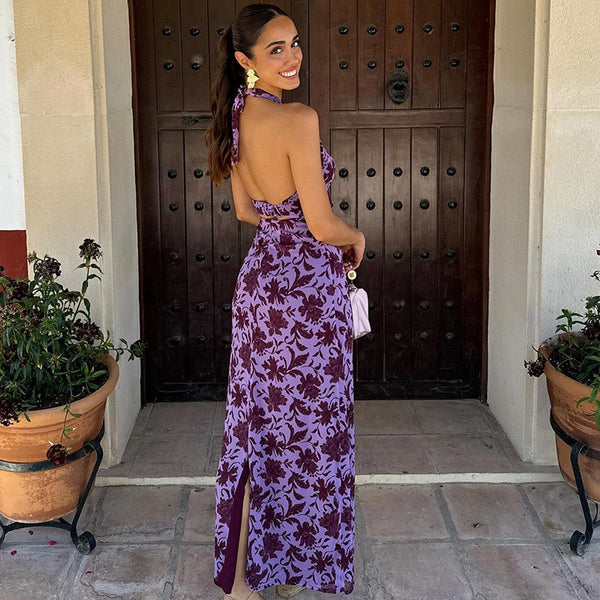 Cross-border Amazon 2025 spring summer new European and American women's print halterneck tie sexy backless slim dress