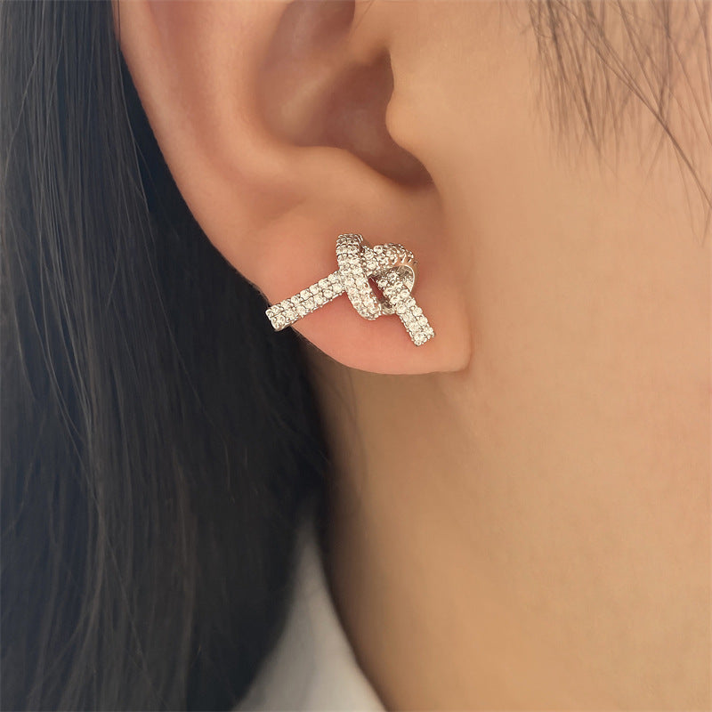 Exclusive for foreign trade, light luxury heart-shaped cord knots, zircon-filled earrings, simple silver micro-diamond-set women's earrings, Temu bestseller
