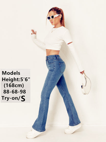 European and American cross-border trend women's clothing high-waisted double-button stretch slim slimming bootcut denim trousers WOMEN JEANS