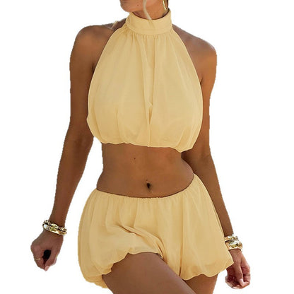 Cross-border European and American clothing summer new solid color sexy back halter crop top sexy short skirt suit for women