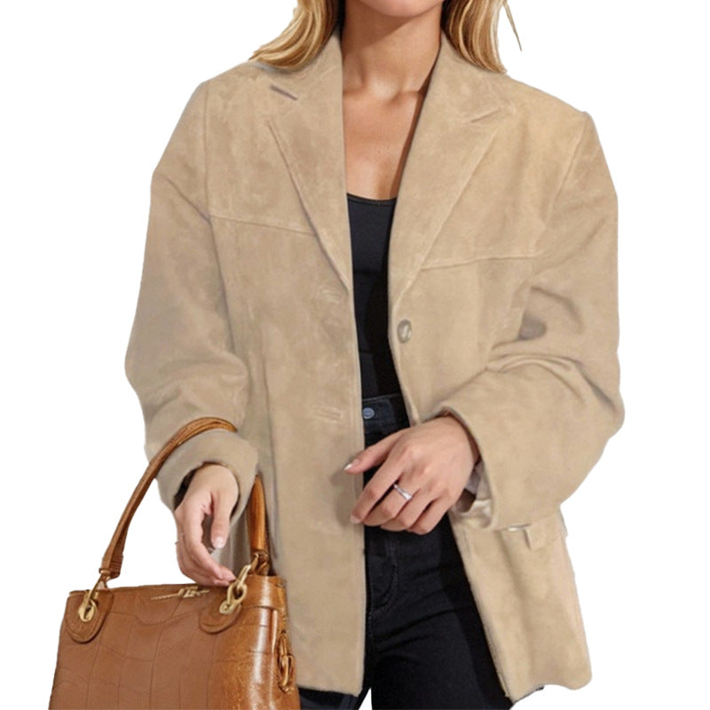 Primavera 2026: Novo Blazer Transfronteiriço em Camurça com Bolsos e Lapela com Botões, Estilo Europeu e Americano.