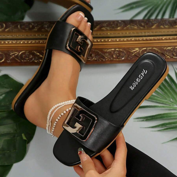 European and American cross-border women's slippers, classic elegant versatile solid color metallic decorative square-toe flat sandals