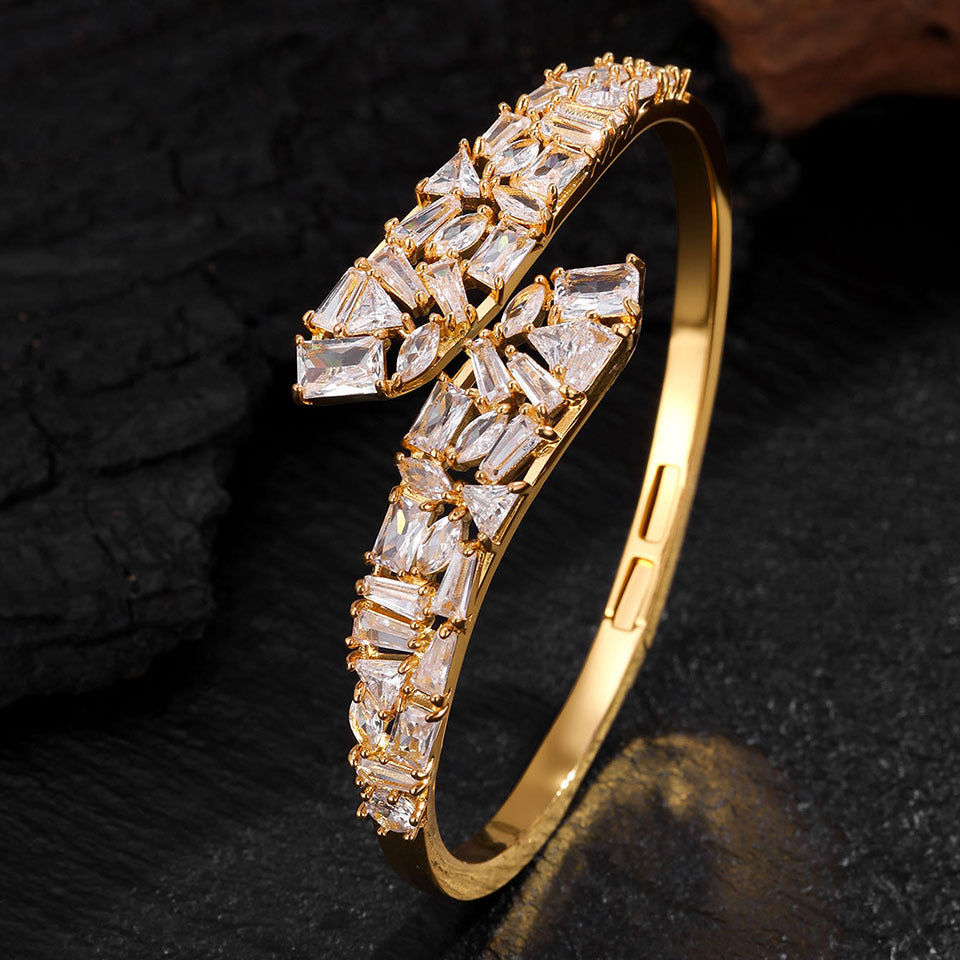 RAKOL Open Copper Zircon Semi-Setting Bracelet Diamond-Encrusted Simple Versatile Elegant Bracelet Women's Bracelet Ring Set