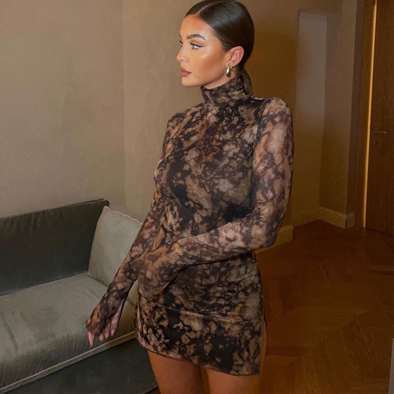 Foreign Trade Europe and America 2023 New Autumn Long Sleeve Dress Women's Semi-High Neck Print Sexy Slim Slit Hip Skirt