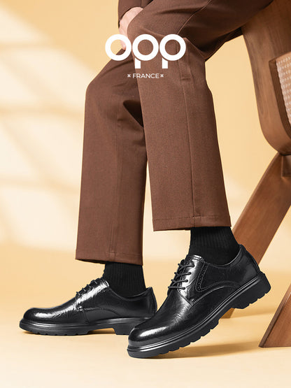 OPP leather shoes spring British black versatile wedding business casual formal pleated thick sole leather derby shoes for men