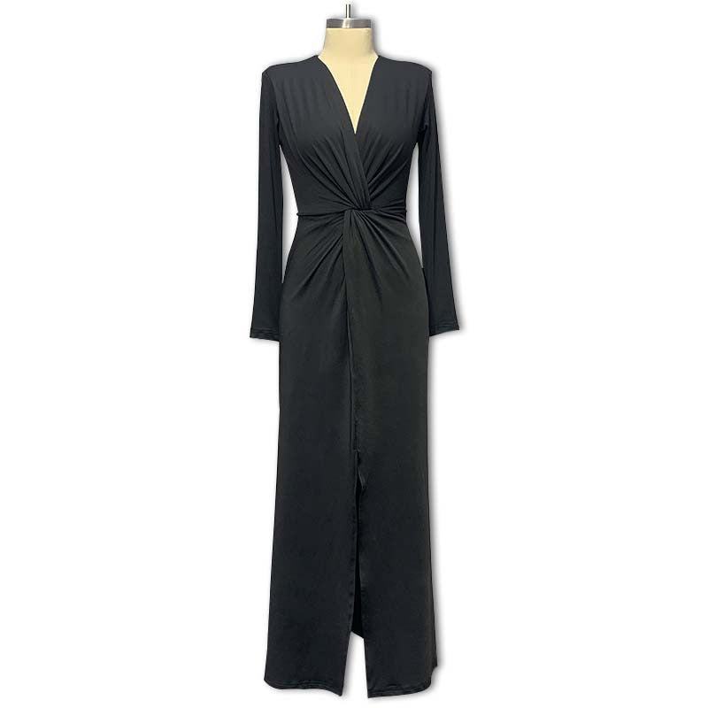 Fall 2025 New Amazon European and American Cross-border Women's Clothing Solid Color Sexy V-Neck Long Sleeve High Slit Dress for Women