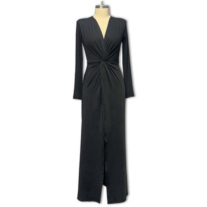 Fall 2025 New Amazon European and American Cross-border Women's Clothing Solid Color Sexy V-Neck Long Sleeve High Slit Dress for Women