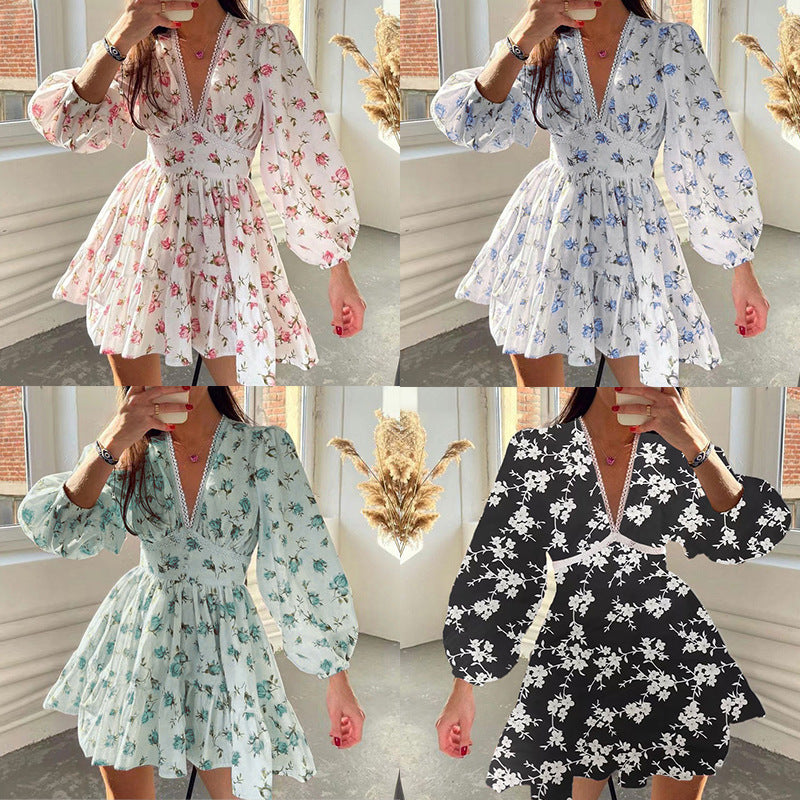2026 Amazon European and American Clothing Temperament Sweet Floral High Waist Slim V-Neck Short Long Sleeve European and American Dress