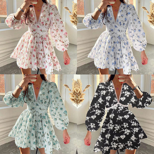 2026 Amazon European and American Clothing Temperament Sweet Floral High Waist Slim V-Neck Short Long Sleeve European and American Dress