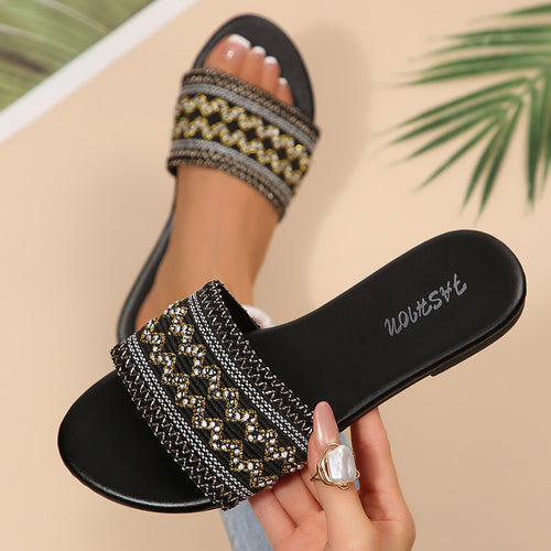 European and American cross-border women's shoes, export fashion slippers, classic versatile ethnic style webbing decoration, round-toe flat sandals