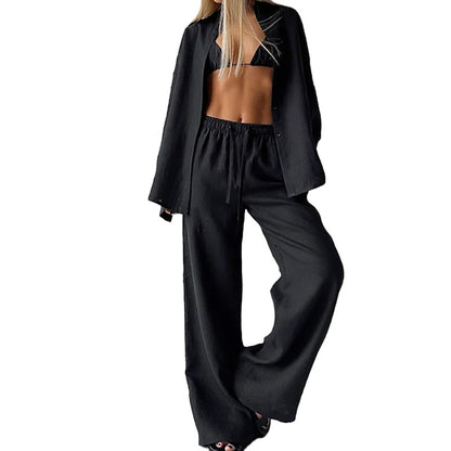 Cross-border Europe and the United States 2025 summer new cotton and linen suit women's fashion solid color loose casual trousers two-piece set