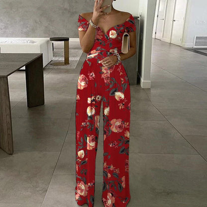 Amazon's new European and American clothing in spring personality casual one-shoulder fashion print temperament high-waisted jumpsuit