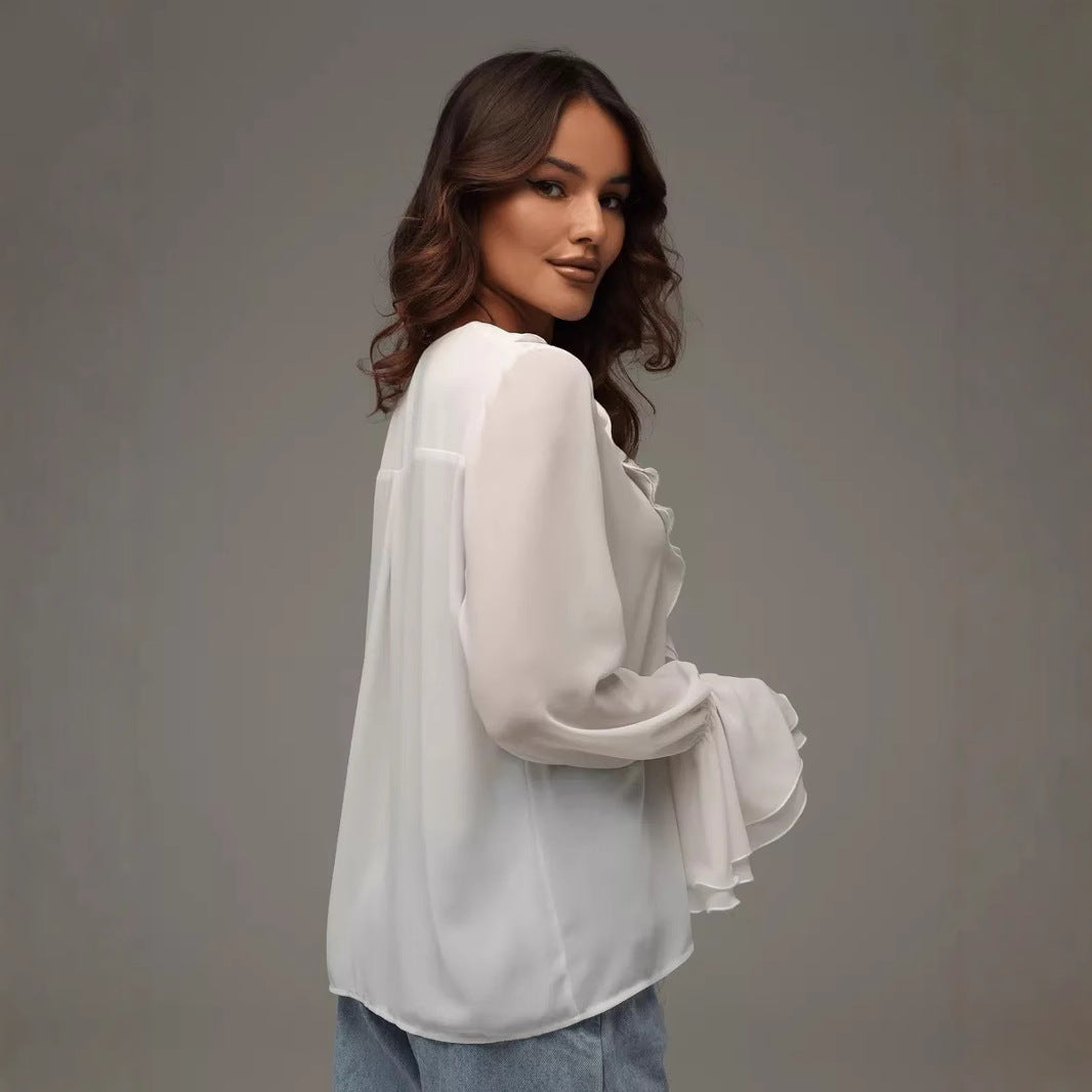 2025 Spring New Cross-border European and American Women's Wear Temperament Solid Color V-Neck Flare Long Sleeve Ruffle Loose Shirt Women