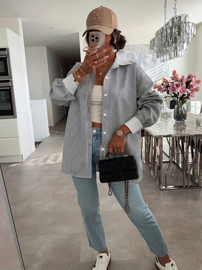 Cross-border European and American new fashionable casual plus-size women's clothing, long-sleeve striped lapel plus-size shirts