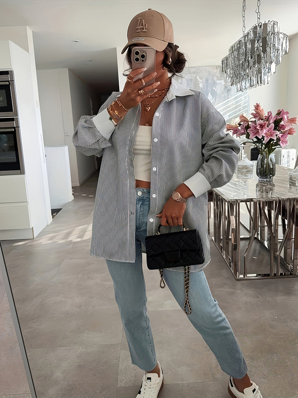 Cross-border European and American new fashionable casual plus-size women's clothing, long-sleeve striped lapel plus-size shirts