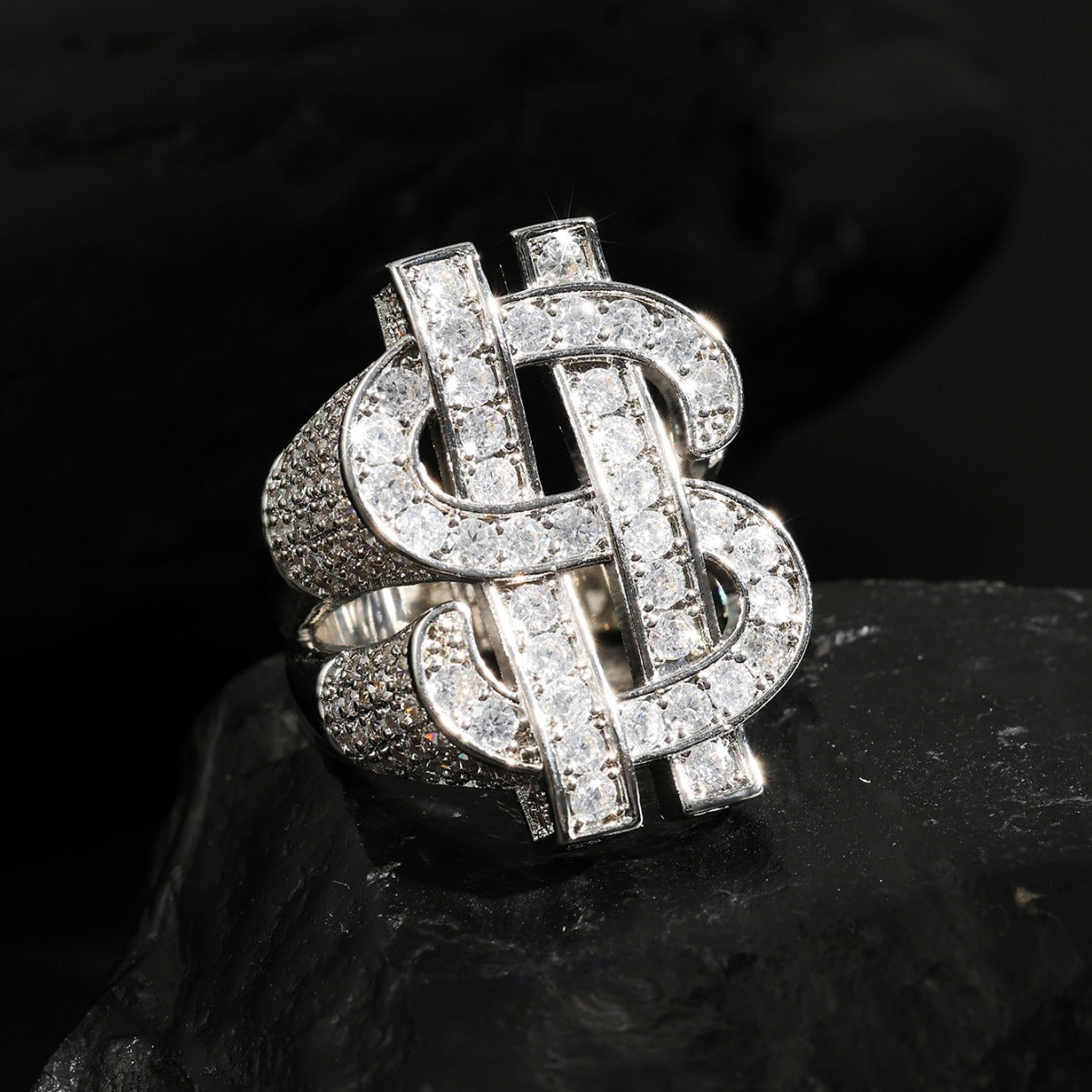 European and American cross-border temu Amazon best-selling full zircon ring with hollowed-out US dollar symbol, hip-hop trendsetter men's ring