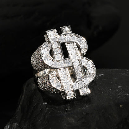 European and American cross-border temu Amazon best-selling full zircon ring with hollowed-out US dollar symbol, hip-hop trendsetter men's ring
