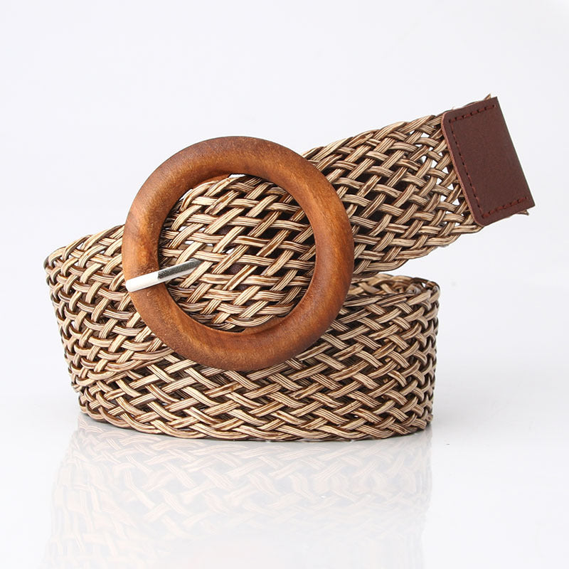 Cool belt custom ladies braided belt wooden buckle fashion versatile dress decorative belt simple pin buckle manufacturers