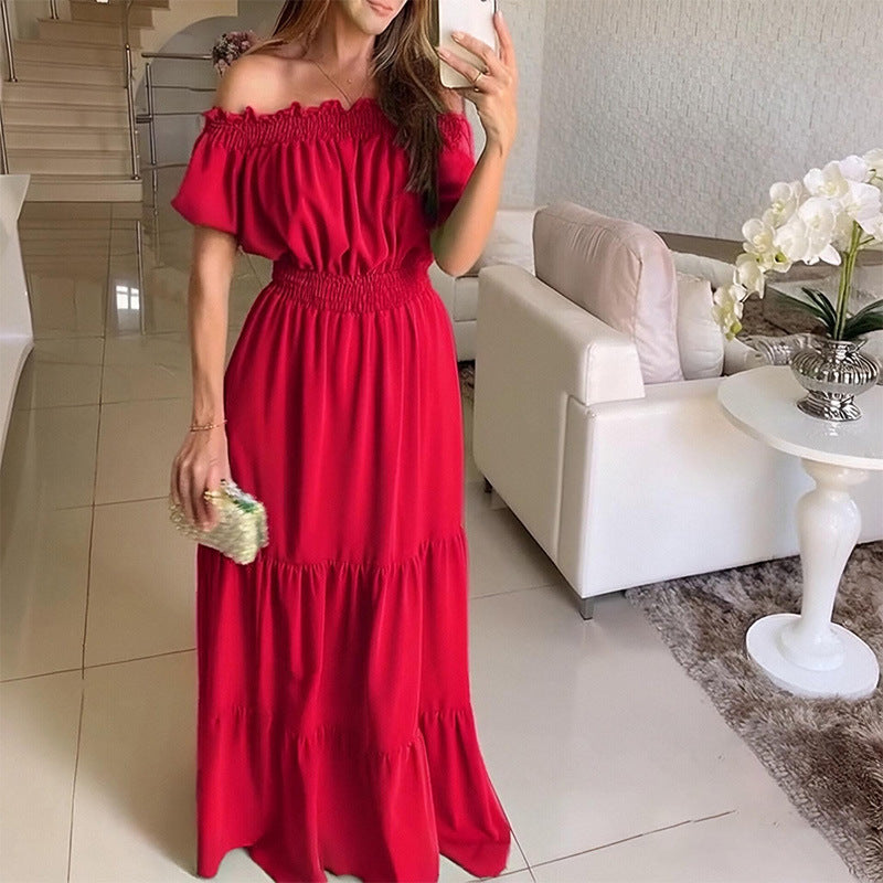 2025 European and American cross-border foreign trade new fashion solid color lotus lace leaf edge bandeau puff sleeve big swing dress for women