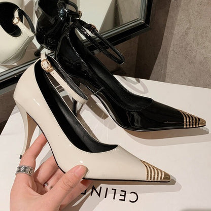 2026 spring metal pointed high heels women's shallow temperament single shoes with a line and color blocking women's shoes spring model