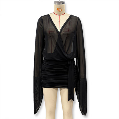 Cross-border AliExpress new European and American clothing sexy deep V see-through backless strap short hot girl buttock wrap dress