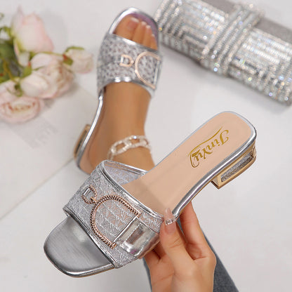 European and American cross-border foreign trade wholesale high-heeled sandals, women's slippers, elegant chain decorative buttons, square-toe sandals