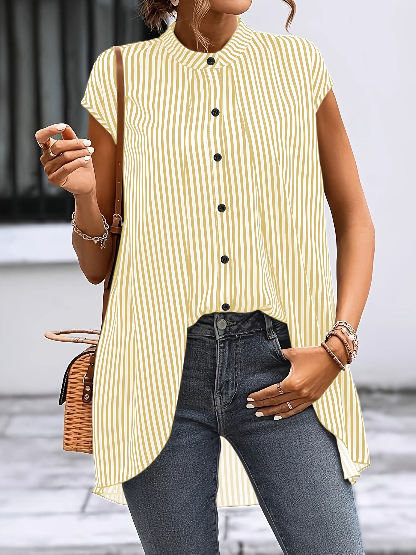 2026 Cross-border Amazon European and American women's striped small stand collar collar leave two-piece short-sleeve plus-size shirt shirt lazy shirt