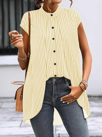 2026 Cross-border Amazon European and American women's striped small stand collar collar leave two-piece short-sleeve plus-size shirt shirt lazy shirt