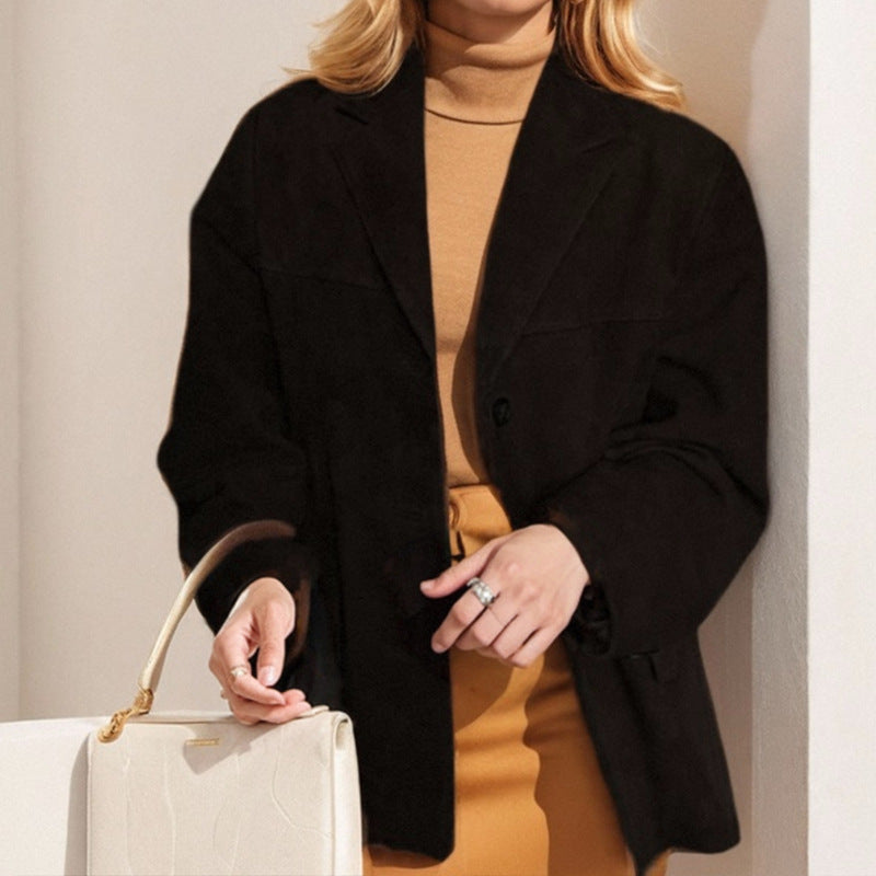 Primavera 2026: Novo Blazer Transfronteiriço em Camurça com Bolsos e Lapela com Botões, Estilo Europeu e Americano.