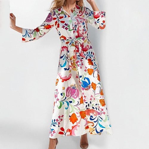 Ciaura Elegant Printed Lapel Cardigan Maxi Dress with Waist Tie & Side Slit