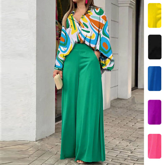 2026 spring new cross-border European and beautiful printed shirts with elegant temperament and wide-leg pants fashion casual suits