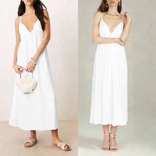 Spring new European and American cross-border women's temperament, sexy backless sleeveless solid color V-neck sundress, large swing dress