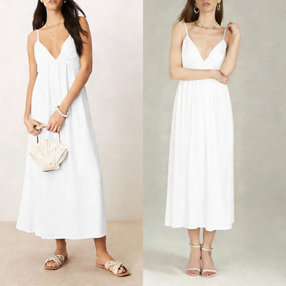 Spring new European and American cross-border women's temperament, sexy backless sleeveless solid color V-neck sundress, large swing dress