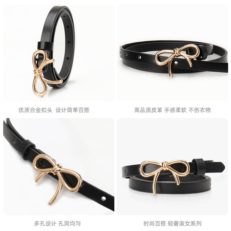 New Sweet Girl Bow Ladies Belt Gold Buckle Versatile Dress Light Luxury Premium Decoration Belt Woman