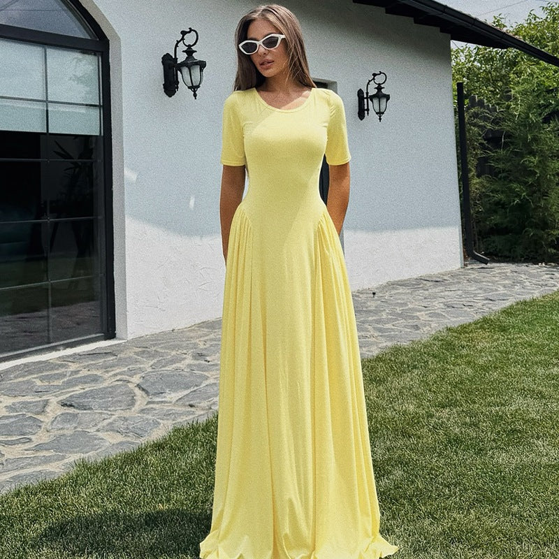 European and American women's autumn and winter new solid color waist temperament long skirt fashionable crew neck short sleeve slim swing dress
